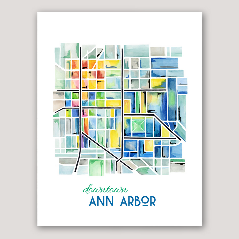 Ann Arbor (MI) Map Watercolor Print