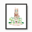 Watercolor painting of Beaumont Tower in East Lansing, a brick building surrounded by trees and landscaping, in a black frame.
