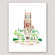 Watercolor painting of Beaumont Tower in East Lansing, a brick building surrounded by trees and landscaping.