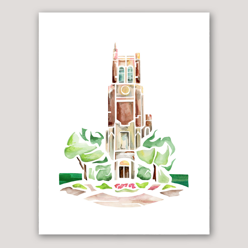 Watercolor painting of Beaumont Tower in East Lansing, a brick building surrounded by trees and landscaping.