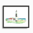 Black frame with bold watercolor painting of Big Point Sable Lighthouse in Ludington, Michigan, showing lighthosue tower and Lake Michigan.
