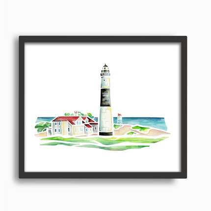 Black frame with bold watercolor painting of Big Point Sable Lighthouse in Ludington, Michigan, showing lighthosue tower and Lake Michigan.