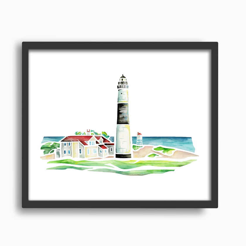 Black frame with bold watercolor painting of Big Point Sable Lighthouse in Ludington, Michigan, showing lighthosue tower and Lake Michigan.