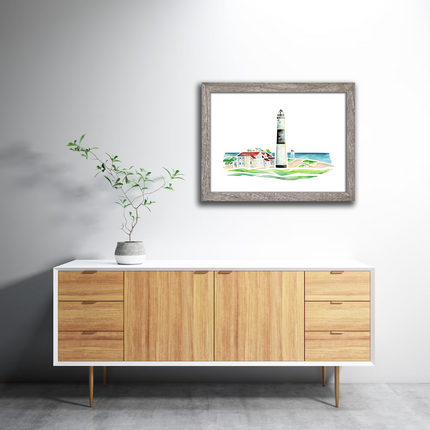 Gray frame with bold watercolor painting of Big Point Sable Lighthouse in Ludington, Michigan, showing lighthosue tower and Lake Michigan.