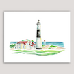 Bold watercolor painting of Big Point Sable Lighthouse in Ludington, Michigan, showing lighthosue tower and Lake Michigan.