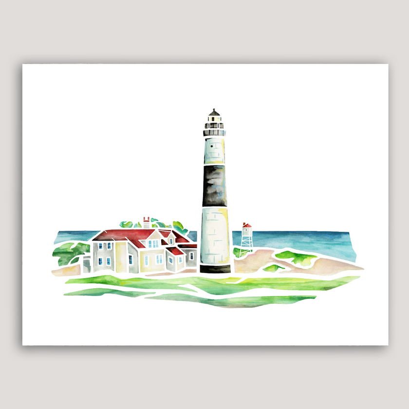 Bold watercolor painting of Big Point Sable Lighthouse in Ludington, Michigan, showing lighthosue tower and Lake Michigan.