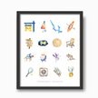 Black frame with watercolor showing colorful icons from Camp Michigania, including boats, animals, sports and crafts.