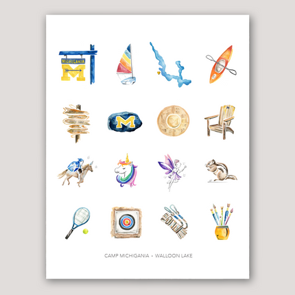Watercolor showing colorful icons from Camp Michigania, including boats, animals, sports and crafts.