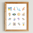 Framed watercolor showing colorful icons from Camp Michigania, including boats, animals, sports and crafts.