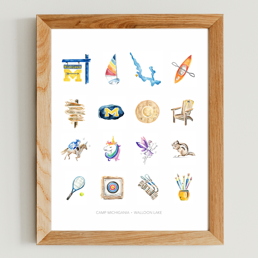 Framed watercolor showing colorful icons from Camp Michigania, including boats, animals, sports and crafts.