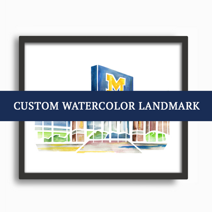 Framed watercolor of Michigan Stadium, advertising custom orders for watercolor projects.