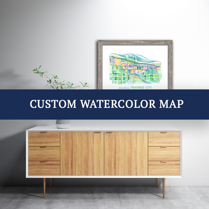 Framed watercolor map with text advertising custom watercolor map projects.