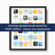 Framed watercolor art with colorful squares relating to song lyrics, advertising custom watercolor project.
