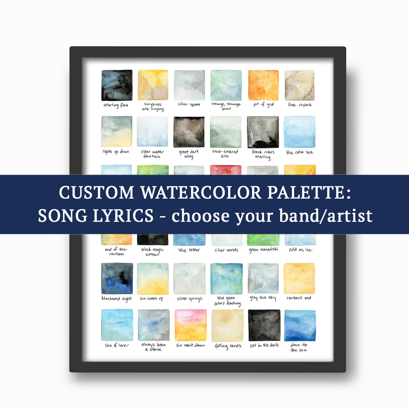 Framed watercolor art with colorful squares relating to song lyrics, advertising custom watercolor project.