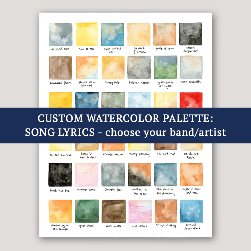 Bright watercolor palette swatches relating to song lyrics, with text advertising custom color palette for band.