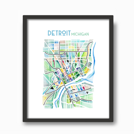 Vibrant and delicate geometric watercolor map of Detroit, Michigan, in a black frame.