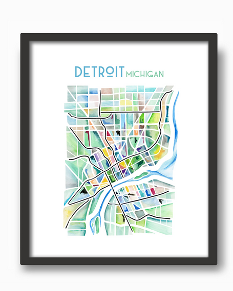 Vibrant and delicate geometric watercolor map of Detroit, Michigan, in a black frame.