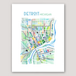 Vibrant and geometric watercolor map of Detroit, Michigan, created by Emily Frushour.