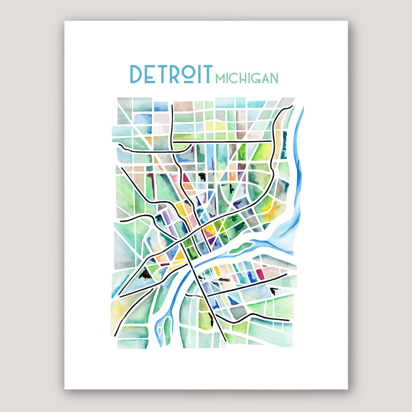 Vibrant and geometric watercolor map of Detroit, Michigan, created by Emily Frushour.