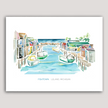 Vibrant watercolor of a scene in Fishtown, Leland, Michigan, featuring a dam, tugboats and fishing shanties.