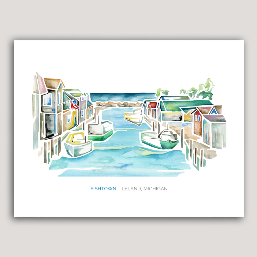 Vibrant watercolor of a scene in Fishtown, Leland, Michigan, featuring a dam, tugboats and fishing shanties.