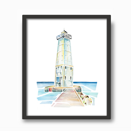 Watercolor painting of the lighthouse in Frankfort, Michigan on the shore of Lake Michigan, in a black frame.