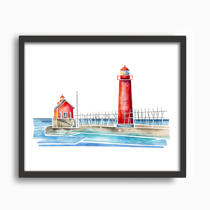 Watercolor of bright red Grand Haven Lighthouse an pier in Michigan, in a simple black frame.