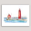 Bold, geometric watercolor of bright red Grand Haven Lighthouse an pier in Michigan.