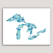 Watercolor painting of the Great Lakes, with waves in brilliant shades of blue and green.