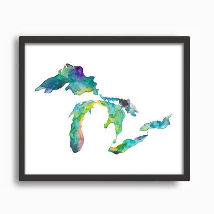 Bright, multi-colored watercolor painting of Michigan and the Great Lakes, created by Emily Frushour, in a black frame.