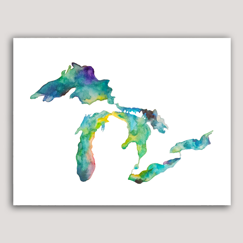 Bright, multi-colored watercolor painting of Michigan and the Great Lakes, created by Emily Frushour.