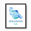 Black frame with vibrant blue watercolor map of Houghton Lake with Houghton Lake text.