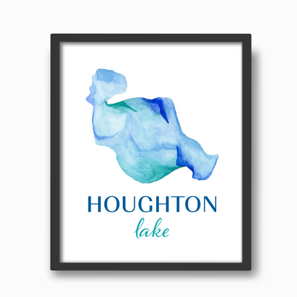 Black frame with vibrant blue watercolor map of Houghton Lake with Houghton Lake text.