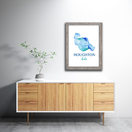 Framed vibrant blue watercolor map of Houghton Lake with Houghton Lake text.