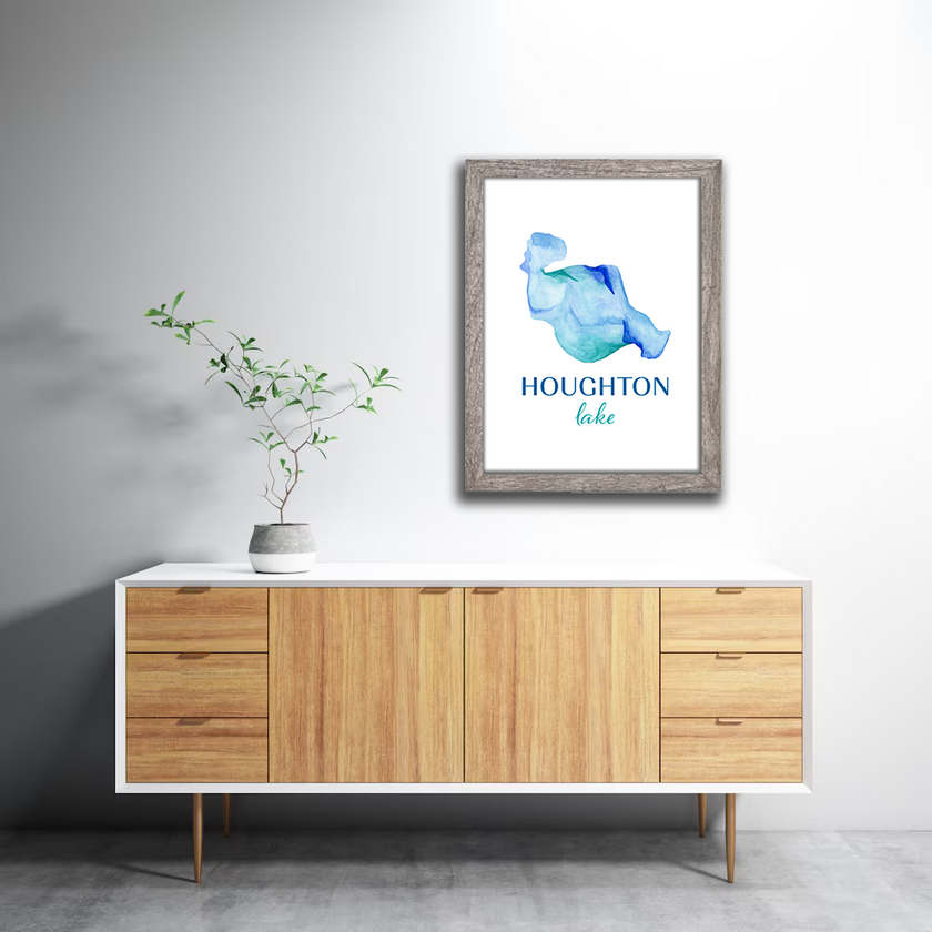 Framed vibrant blue watercolor map of Houghton Lake with Houghton Lake text.