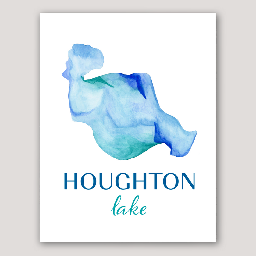 Vibrant blue watercolor map of Houghton Lake with Houghton Lake text.
