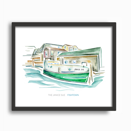 Watercolor of a green tugboat named Janice Sue, on the water with fishing shanties in Fishtown, Leland, Michigan. Art by Emily Frushour, in a black frame.