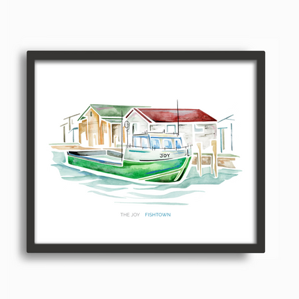 Watercolor painting of a green tugboat named Joy in the village of Fishtown in Leland, Michigan, placed in a black frame.
