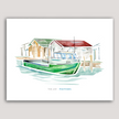 Watercolor painting of a green tugboat named Joy in the village of Fishtown in Leland, Michigan.