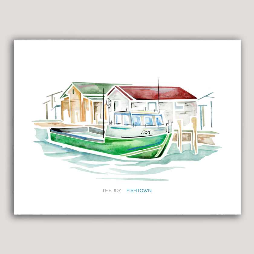Watercolor painting of a green tugboat named Joy in the village of Fishtown in Leland, Michigan.