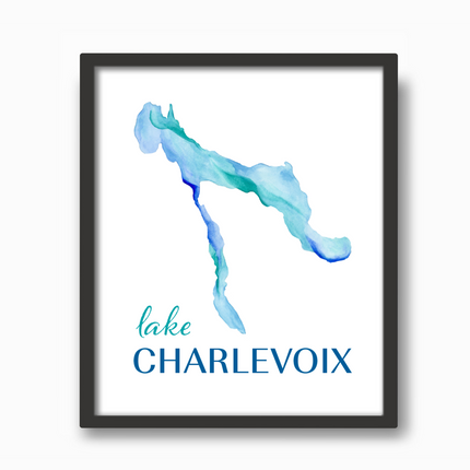 Vibrant watercolor painting of Lake Charlevoix in Michigan, in bright blues with a black frame.