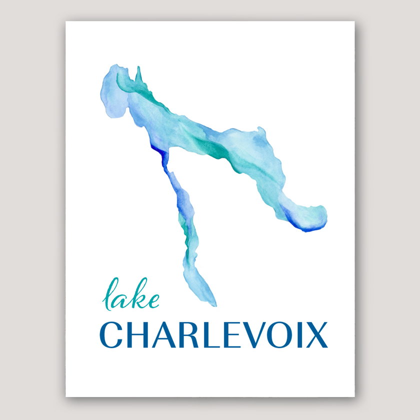 Vibrant blue watercolor print of Lake Charlevoix in northern Michigan.