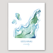 Watercolor print of a Leelanau County map in shades of blue and green.