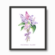 Black frame with watercolor painting of lilac bunch, tied with a purple ribbon, for Mackinac Island.