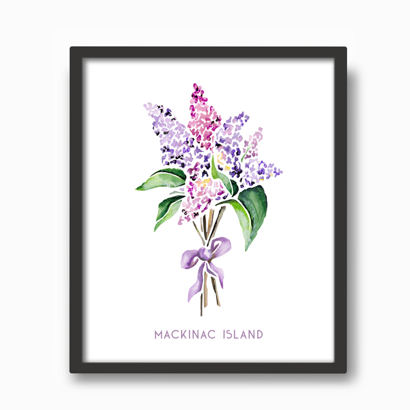 Black frame with watercolor painting of lilac bunch, tied with a purple ribbon, for Mackinac Island.