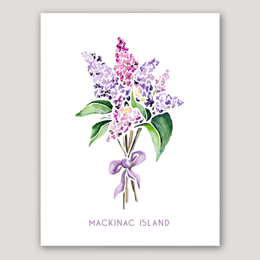Watercolor print of a lilac bunch tied with a purple bow for Mackinac Island.