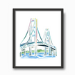 Watercolor painting of the Mackinac Bridge in Michigan, in soft pastel shades and clean lines, placed in a simple black frame.