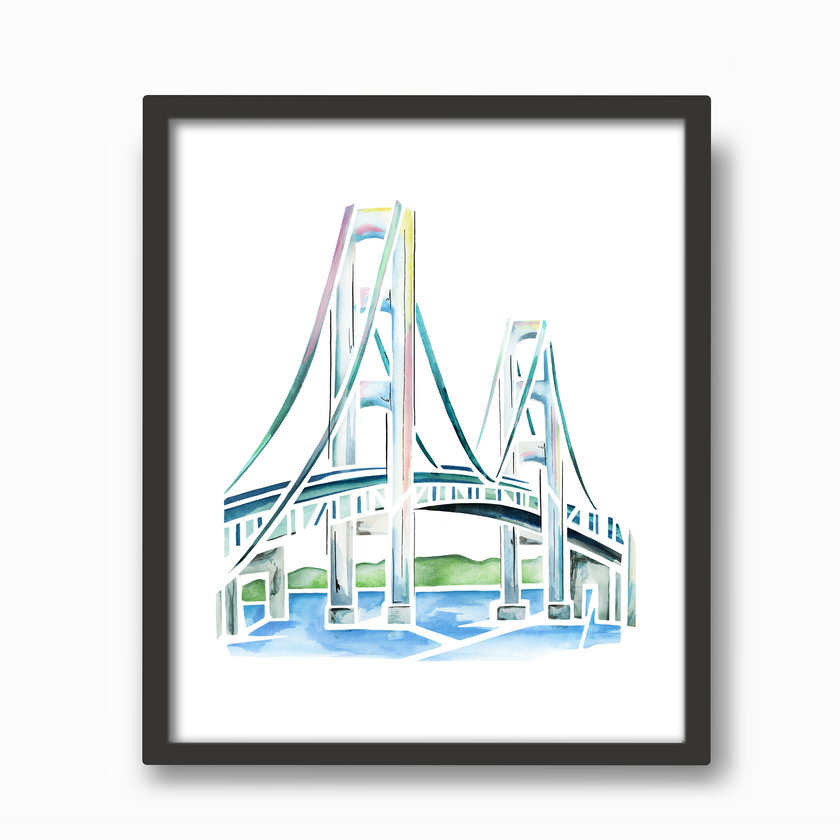 Watercolor painting of the Mackinac Bridge in Michigan, in soft pastel shades and clean lines, placed in a simple black frame.