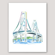 Watercolor painting of the Mackinac Bridge in Michigan, in soft pastel shades and clean lines.