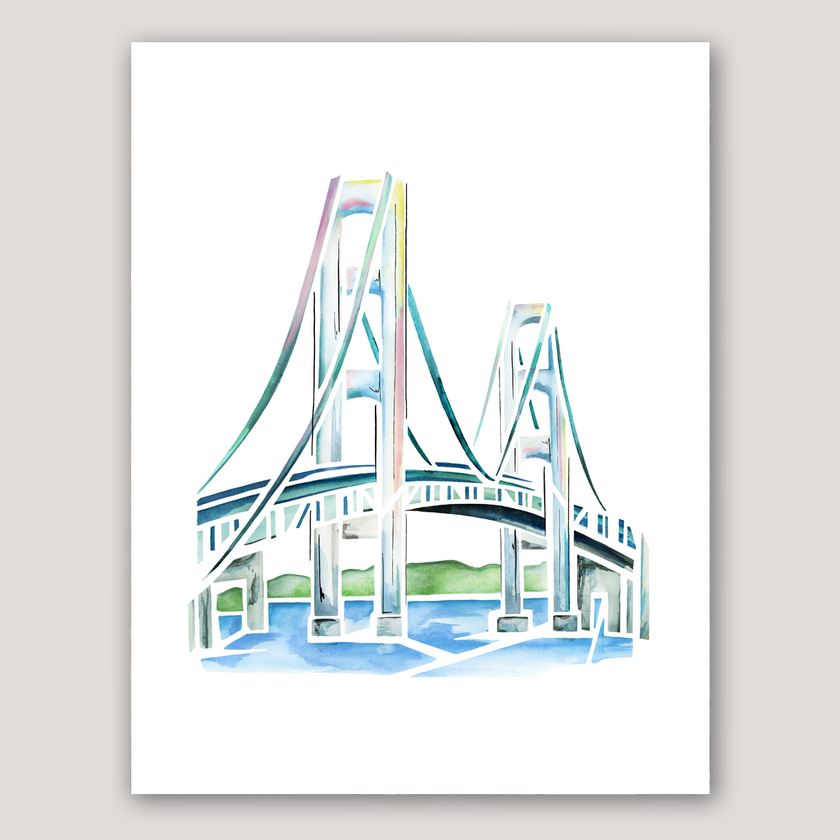 Watercolor painting of the Mackinac Bridge in Michigan, in soft pastel shades and clean lines.